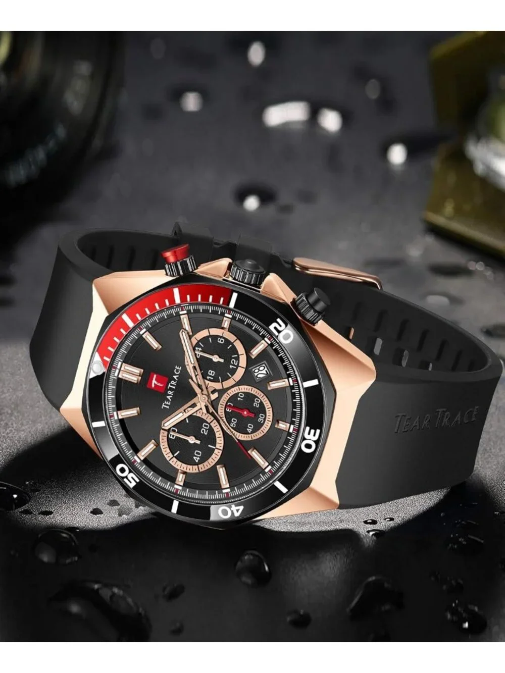 Men's Rose Gold Analog Quartz Silicone Strap Chronograph Waterproof Luxury Watch
